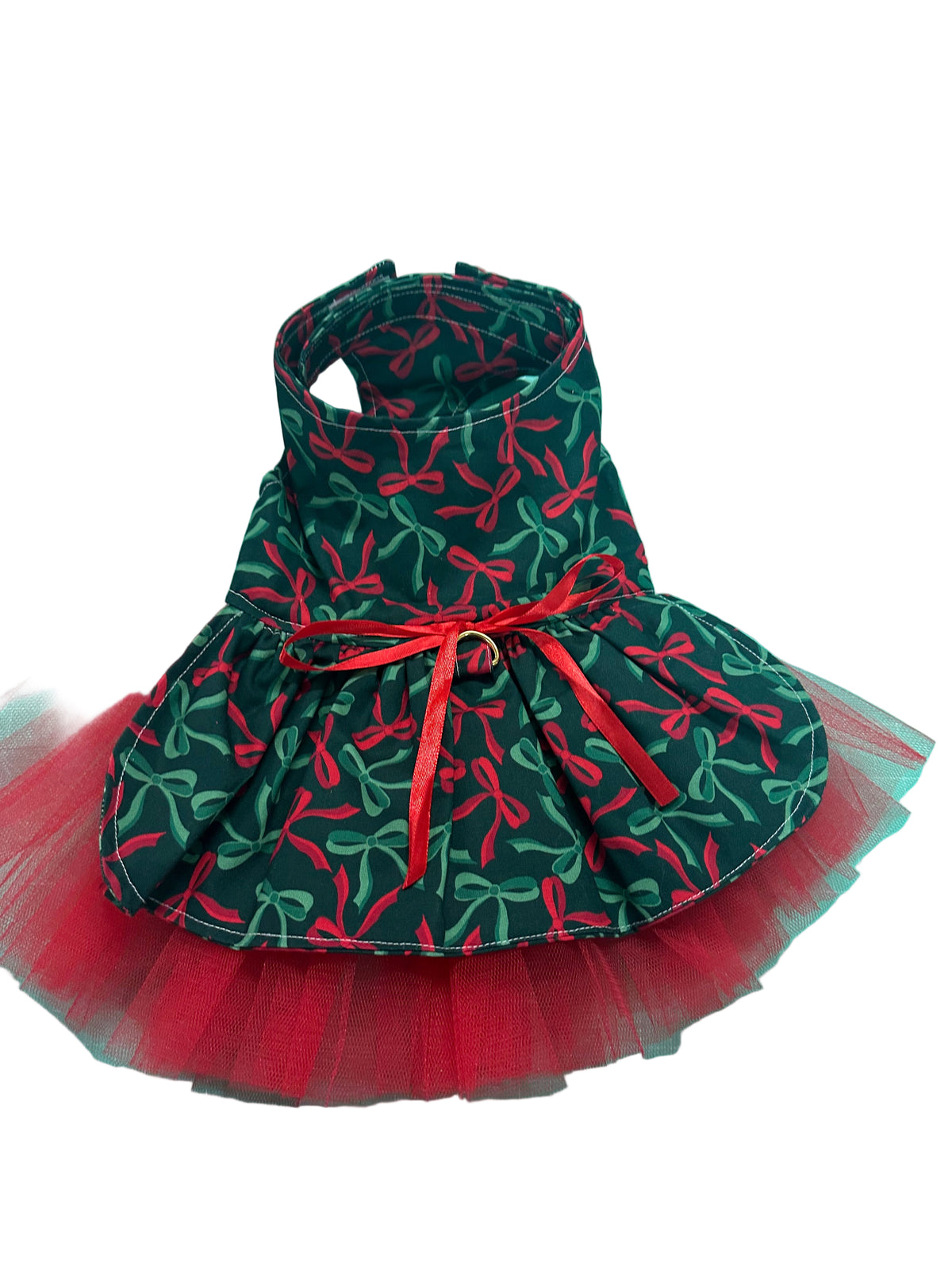 Christmas Dress - Red And Green Bows All over on Green