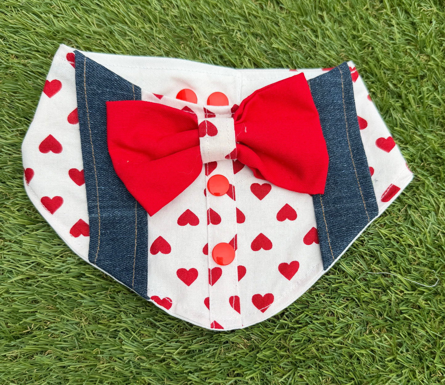Bananda - with Denim Braces White Shirt with Red Hearts