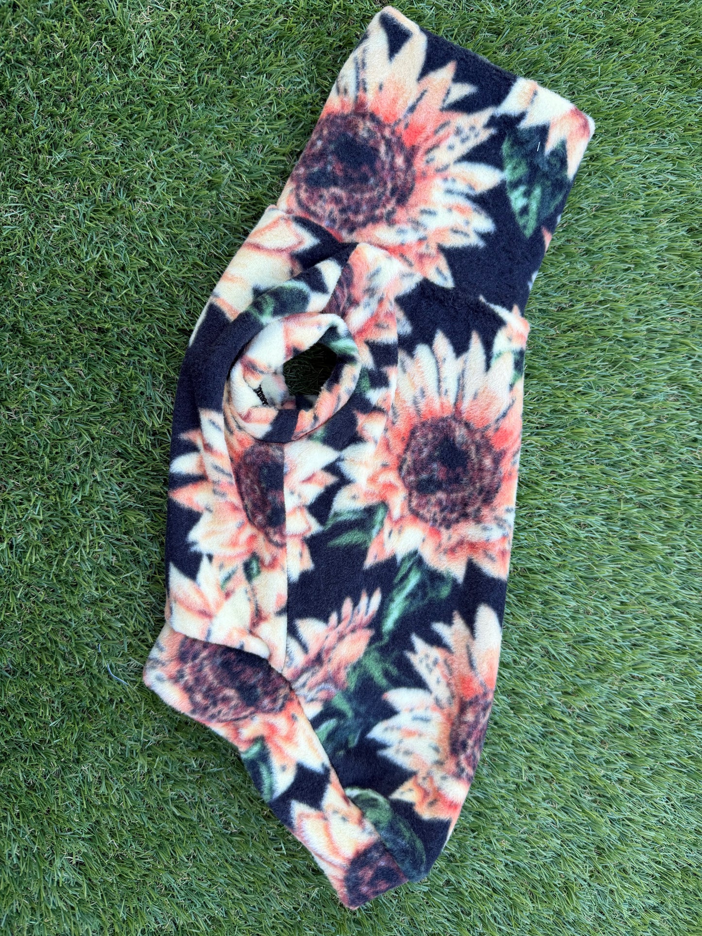 Long Dog Fleece Sweater - Sunflowers on Black