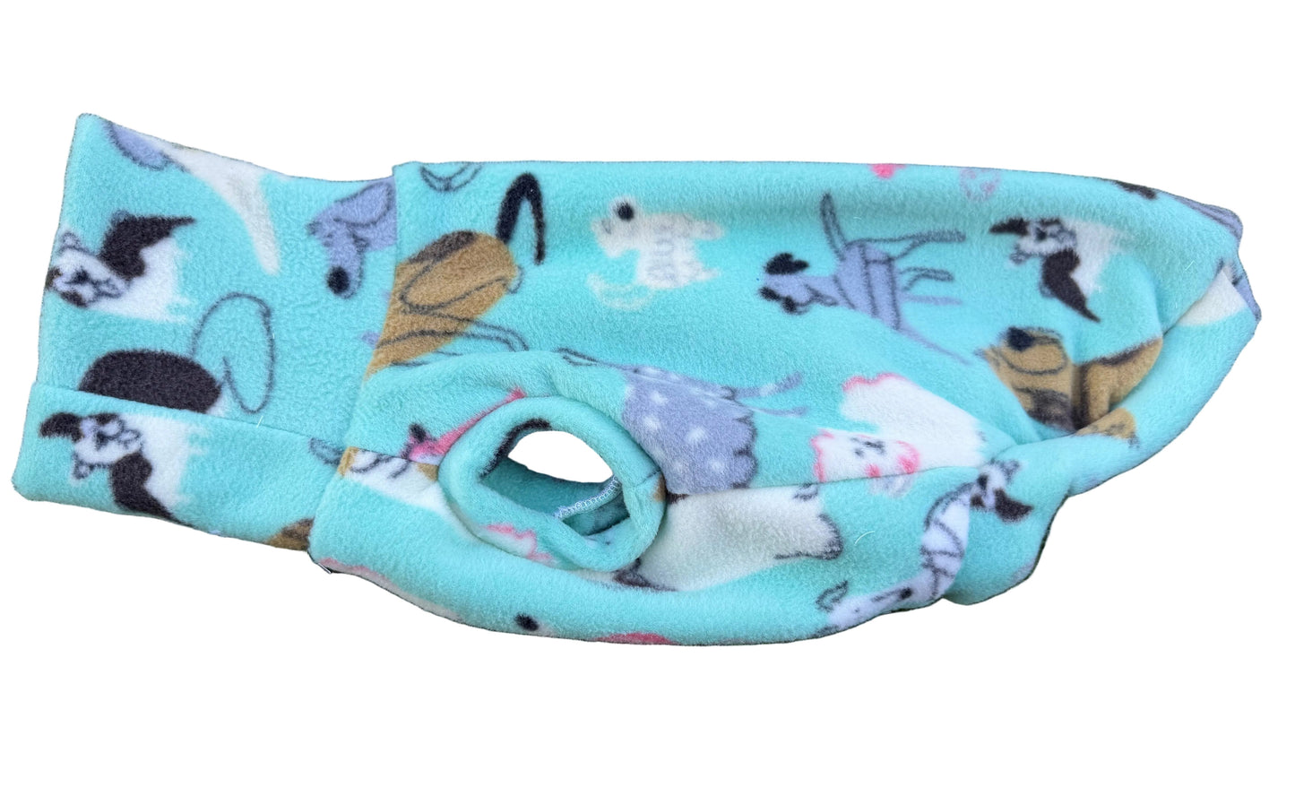 Long Dog Fleece Sweater - Dogs all over on Aqua Green
