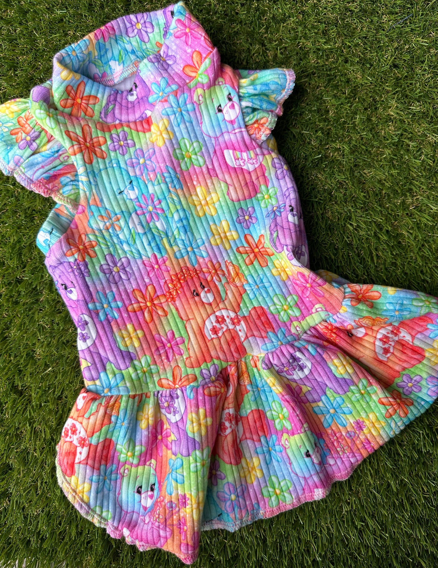 Doggy Dresses / Jersey - Care Bears. WITH FRILL SLEEVES on Rib Fabric ( Print Version 3)