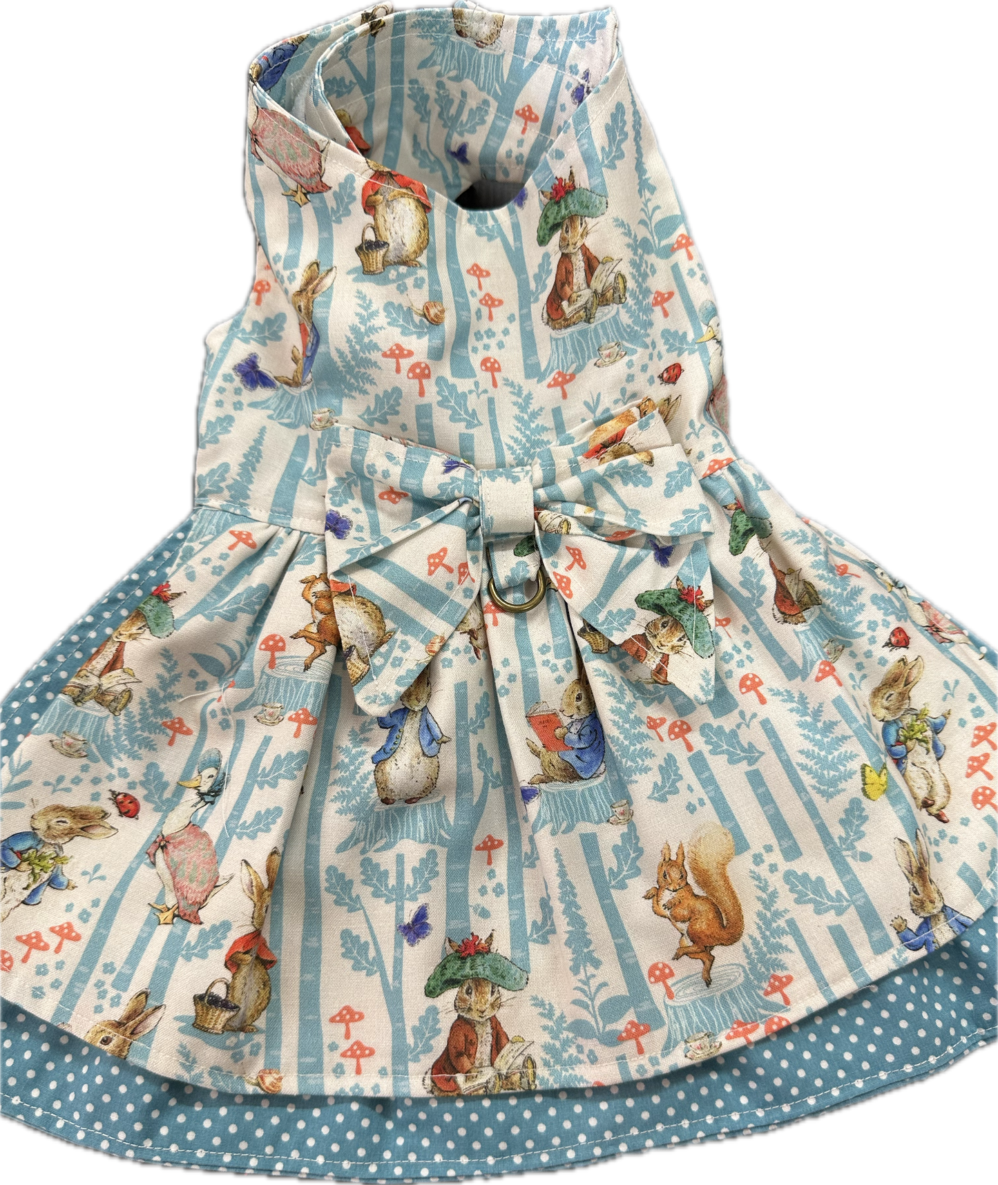 Dress- Peter Rabbit with Duck Egg Blue dot underskirt and NEW FEATURE D ring
