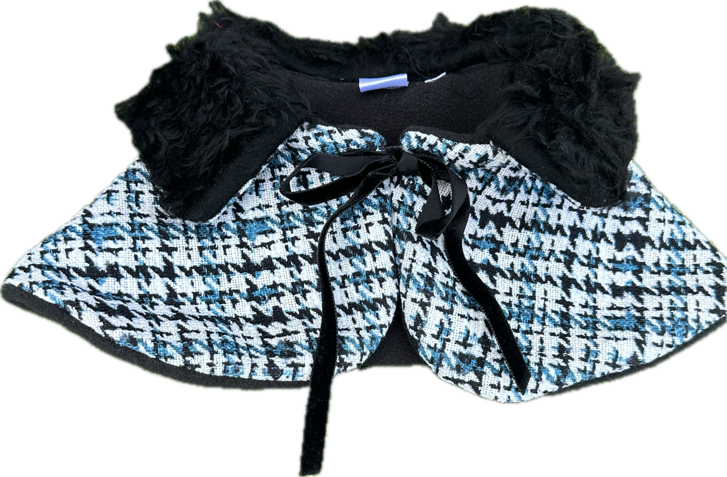 Caplet with Fur Collar - Blue and Black Jacquard Fabric
