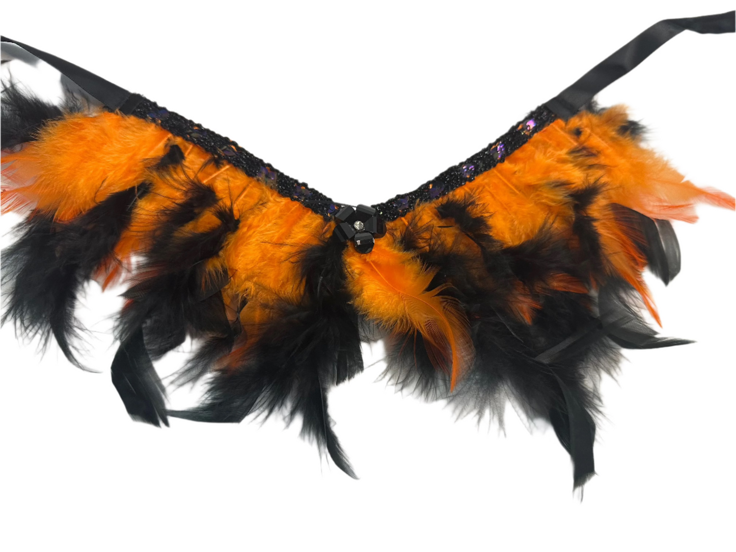 Feather Necklace - OR001 - Orange and Black feather with blak sequin trim