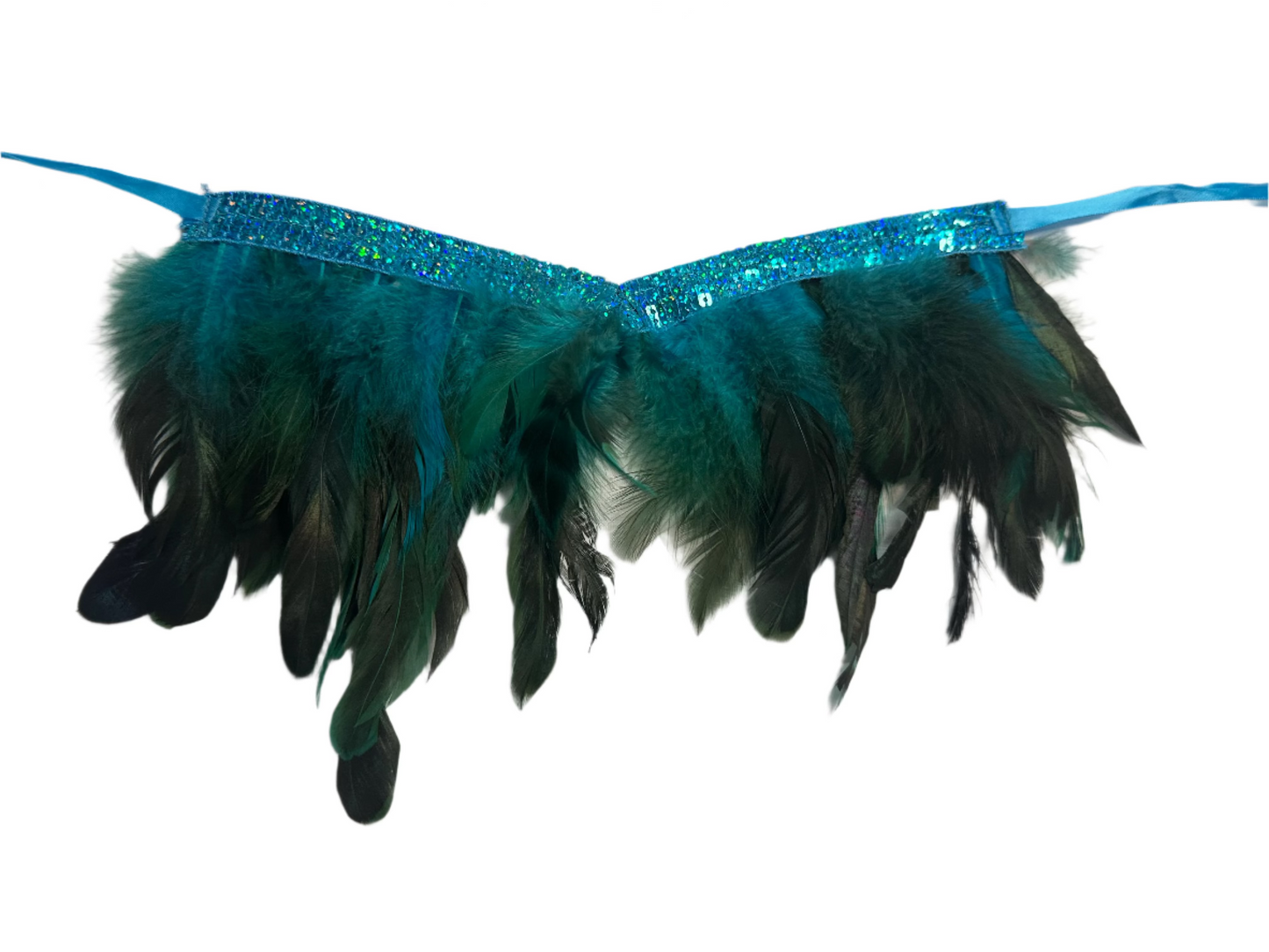 Feather Necklace - TEAL001 Teal blue green feathers with brigth blue sequins