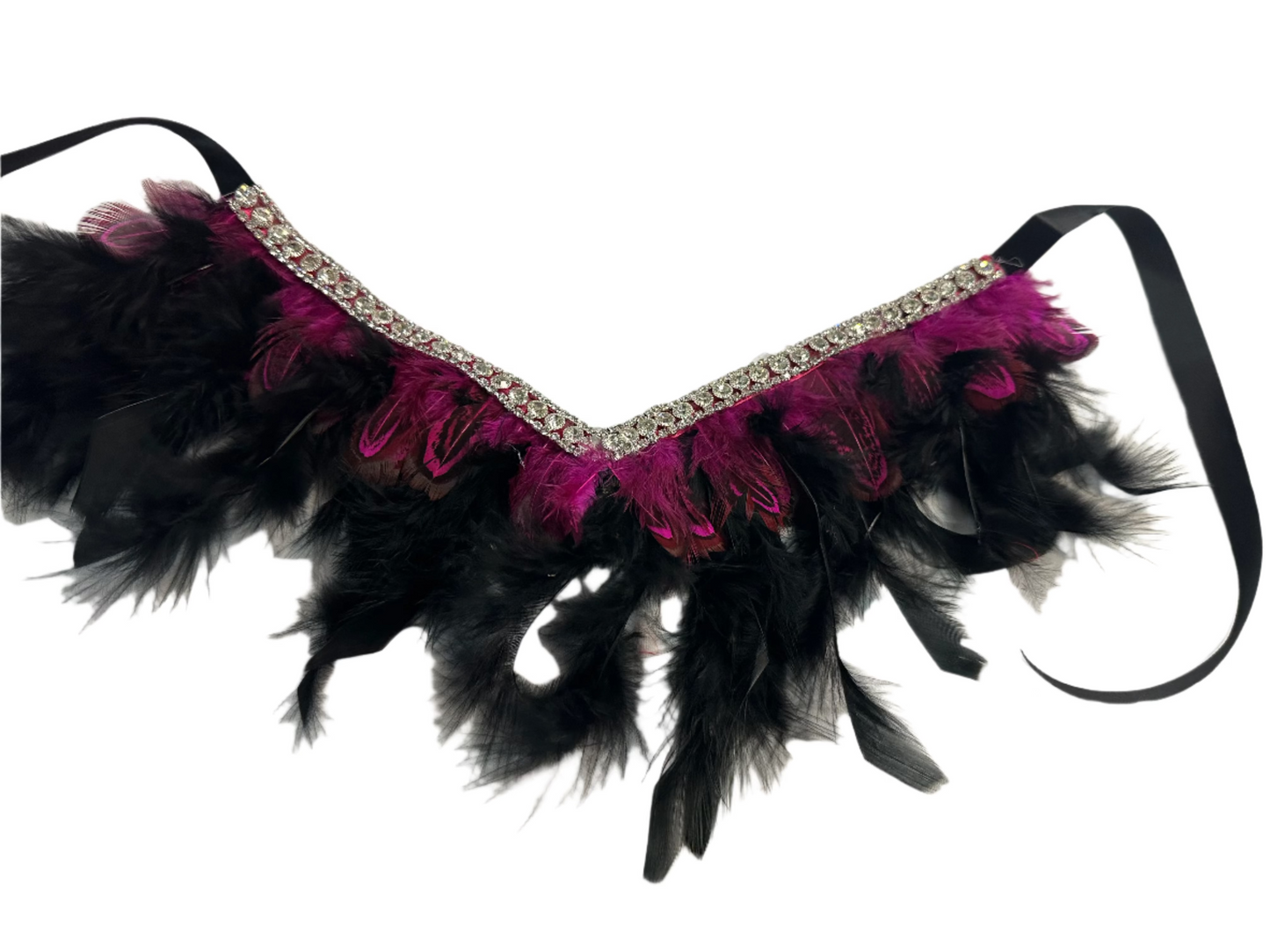 Feather Necklace - BM002 - Black and magenta feathers with diamonte trim