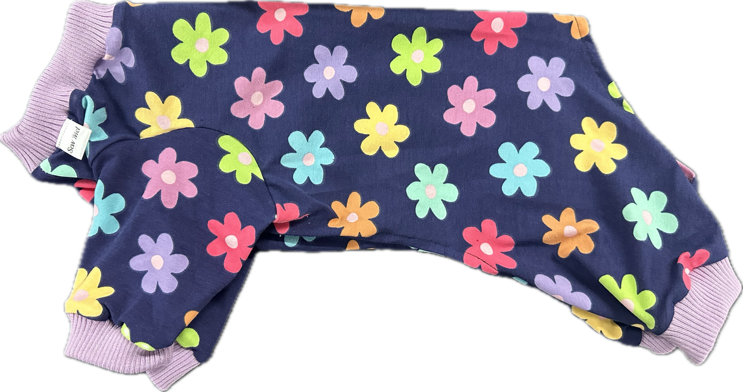 Onesie -Mulit coloured daisies on Navy