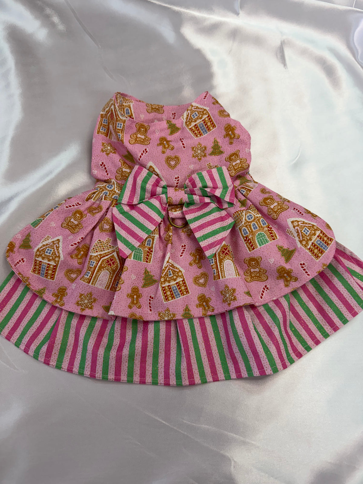 Christmas Dress - Gingerbread House Pink with Green Stripe