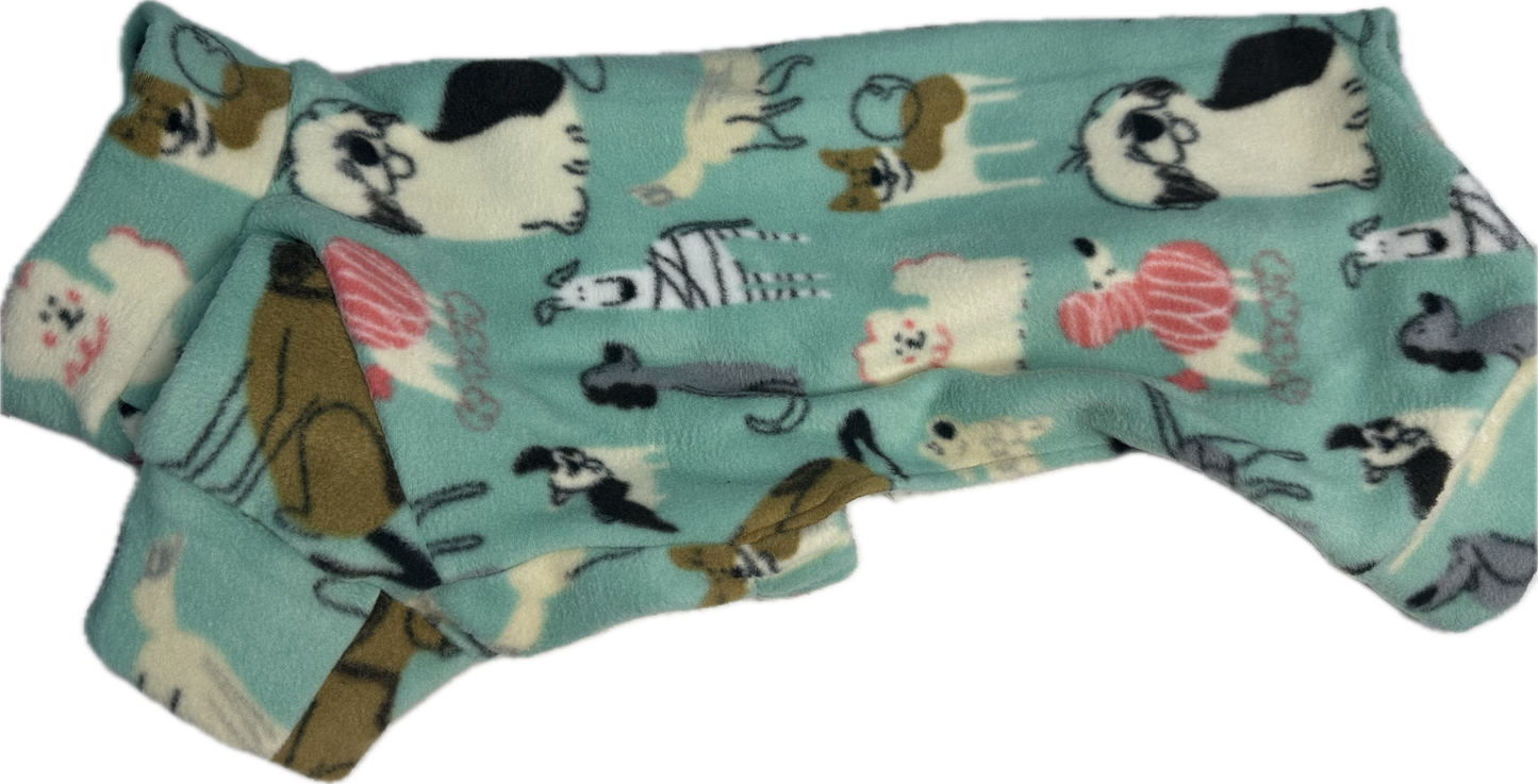Onesie - Short Leg to suit Mini Daschunds and Italian Greyhound - Dogs all over on Mint green