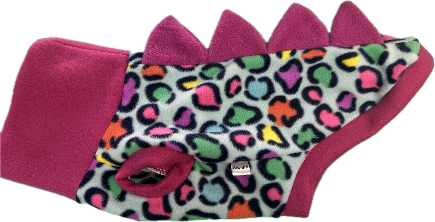 Dinosaur Jumper -Multicoloured Leopard Print with Magenta Collar and spikes