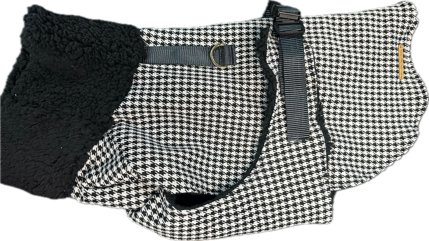 Coat - Black and White Houndtouth Lux fleece lined Slip Oiver Coat with Side Release Clip
