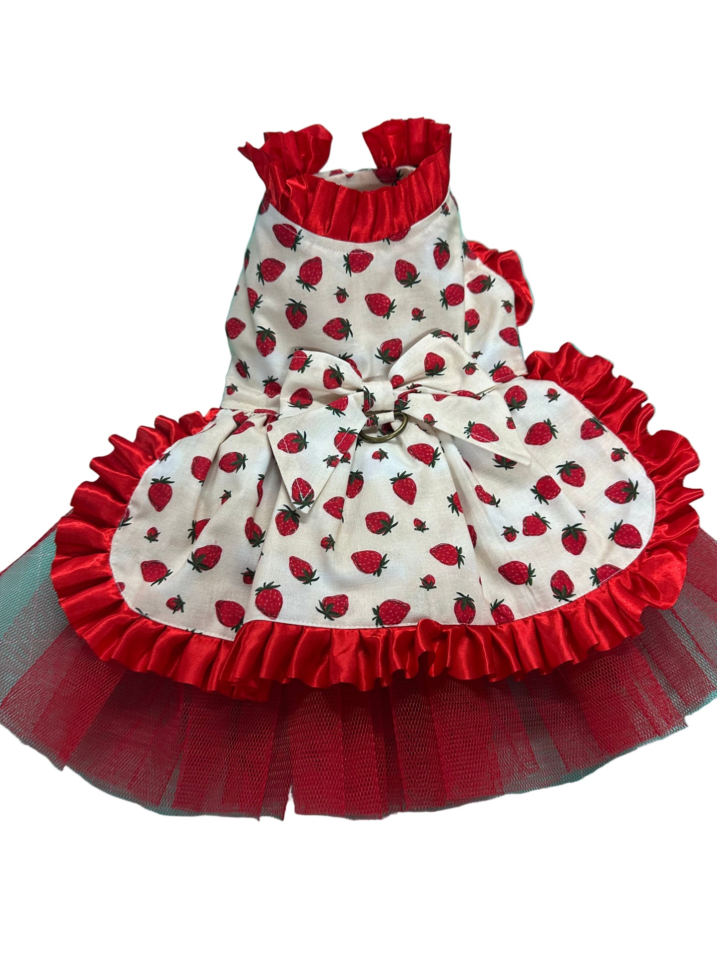 Dress - Strawberry print with Red ruffle trim and red tulle underskirt and NEW FEATURE D ring
