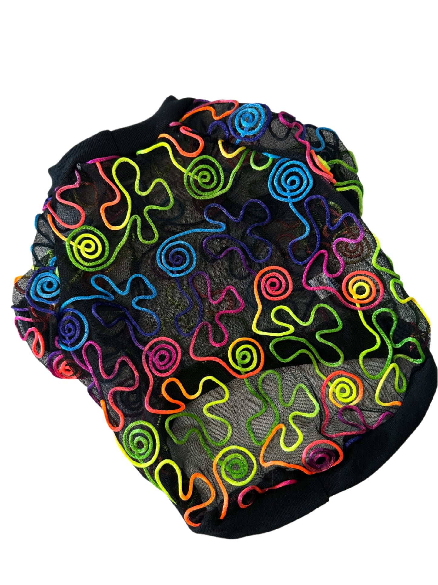 Sheer Top with Fluro Rainbow Swirl on Black mesh
