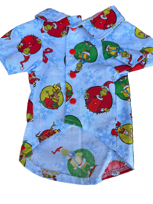 Christmas Collared Shirt Slim Fit  - Christmas Grinch in Bauble on Light Blue