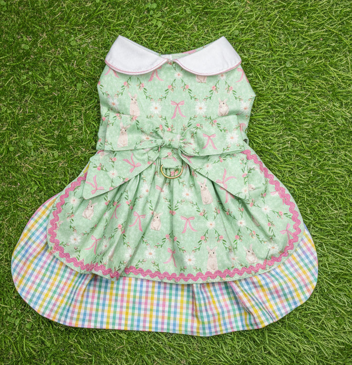 Dress- Bunnies and Pink Bows on Mint Green with Peter Pan Collar    NEW FEATURE D ring