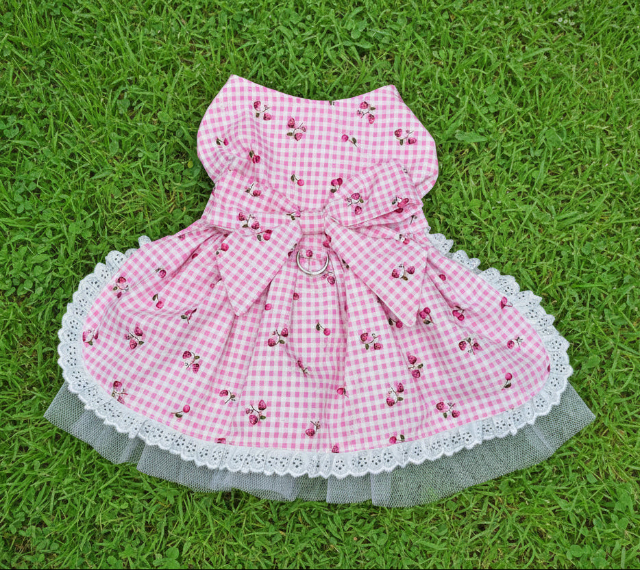 Dress- Cherries on Pink Gingham  with Tulle Skirt NEW D ring