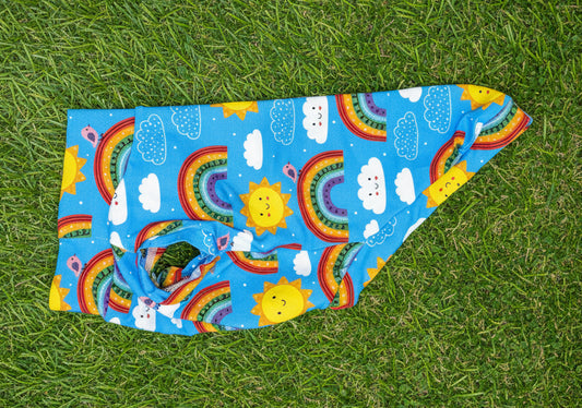 Long Body T Shirt with no sleeve -Rainbows,Sun and Clouds