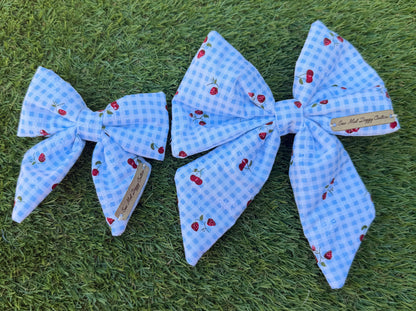 Sailor Bow - Blue Gingham with Strawberries