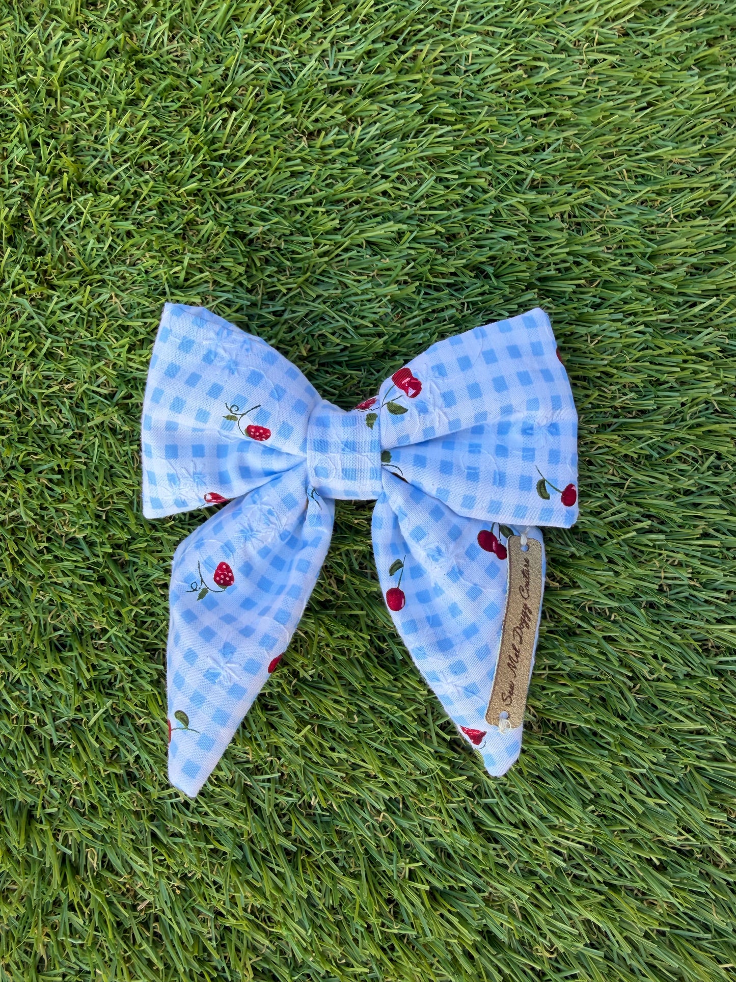 Sailor Bow - Blue Gingham with Strawberries