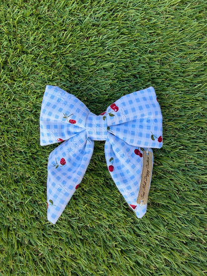 Sailor Bow - Blue Gingham with Strawberries