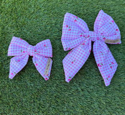 Sailor Bow -  Pink Gingham with Cherries