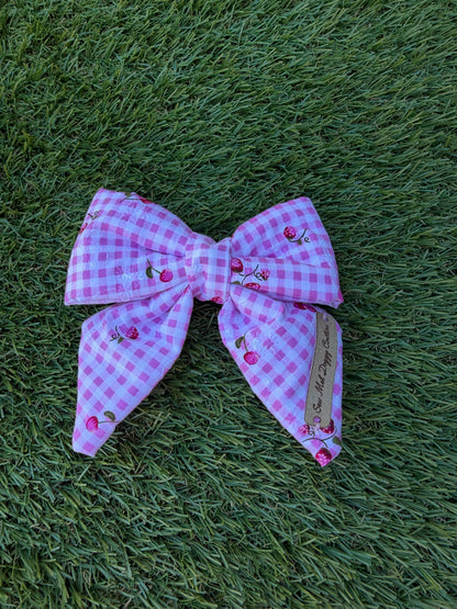 Sailor Bow -  Pink Gingham with Cherries