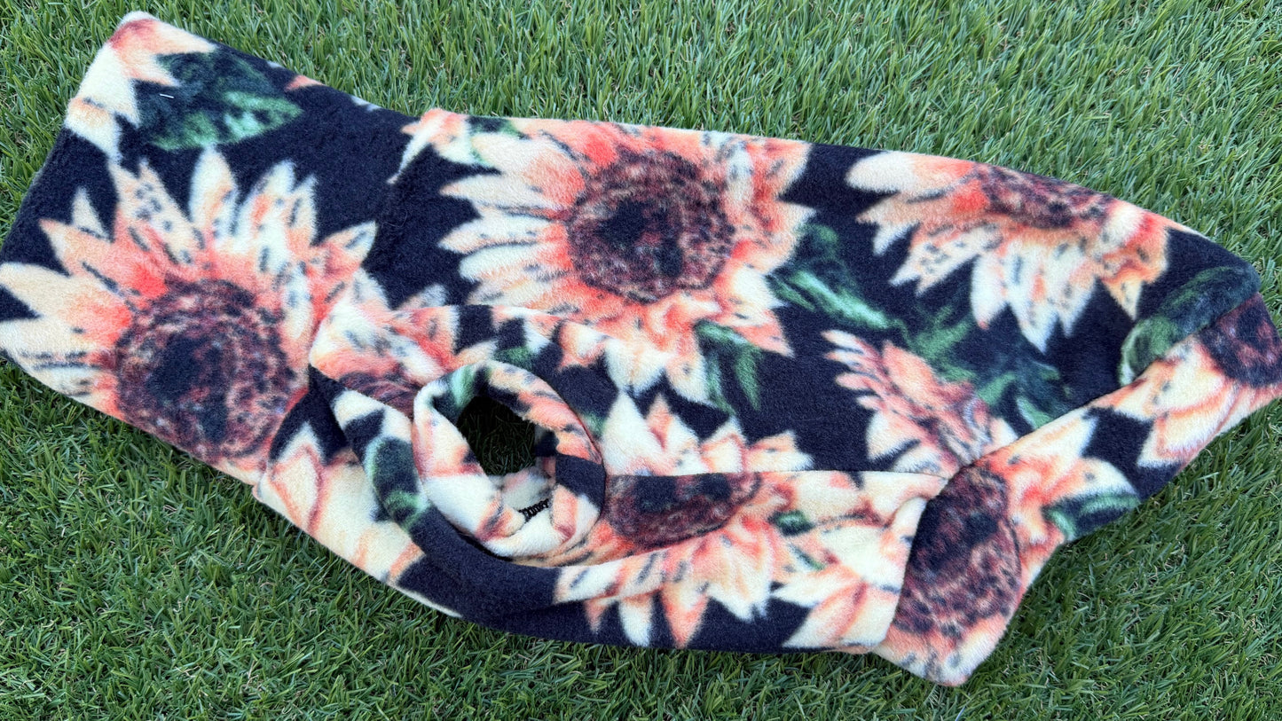 Long Dog Fleece Sweater - Sunflowers on Black