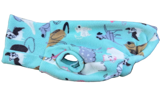 Long Dog Fleece Sweater - Dogs all over on Aqua Green