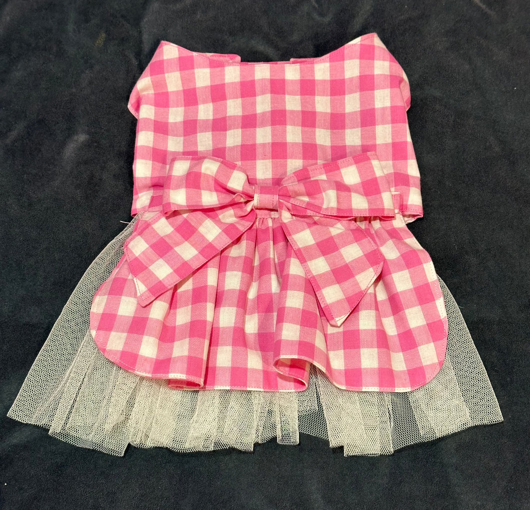 Doggy  Dress - Pink and White  Gingham with Tulle Skirt