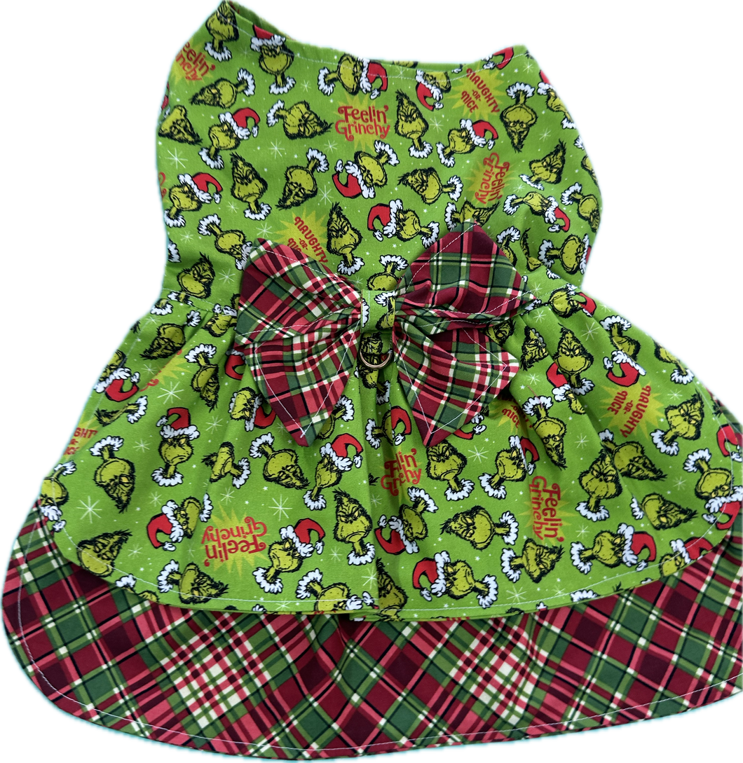 Christmas Dress - Grinch (small print ) with Christmas tartan check. RESTOCKING SOON