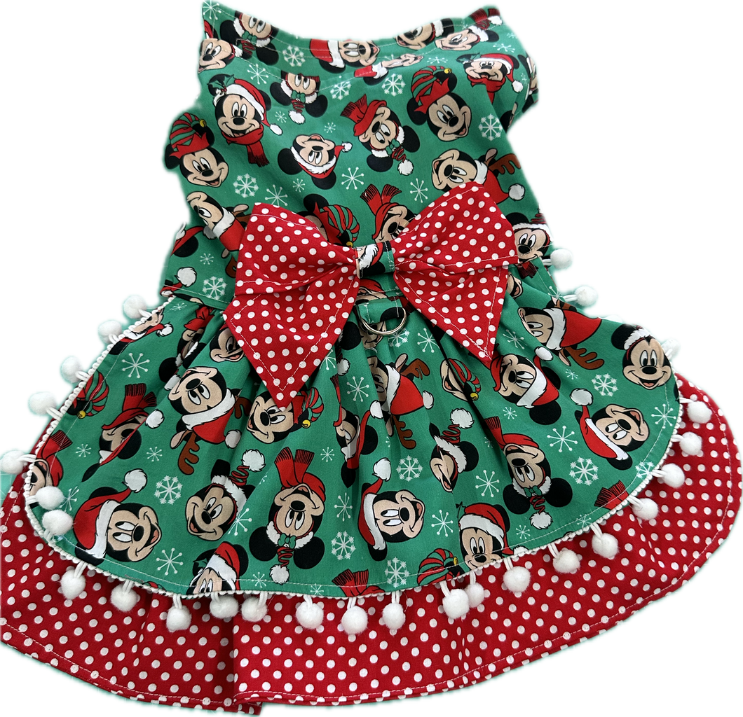 Christmas Dress - Mickey Mouse on Green with Red and white underskirt