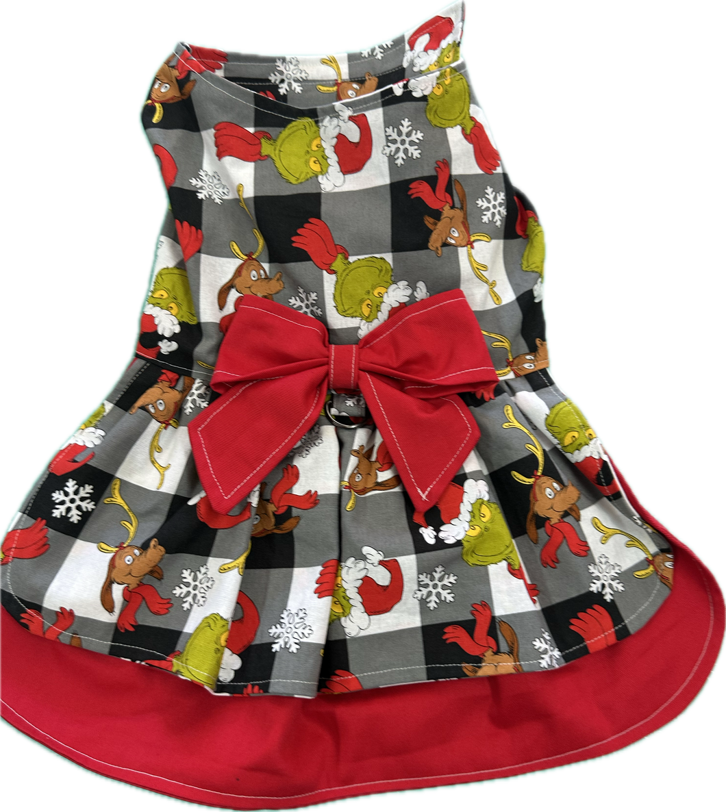 Christmas Dress - Grinch  on Black and White Check