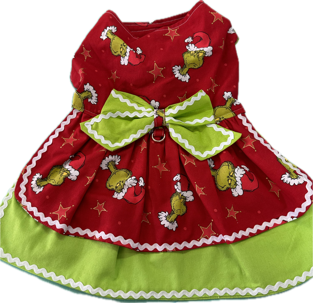 Christmas Dress - Grinch on Red with Green underskirt and white Rik Rac