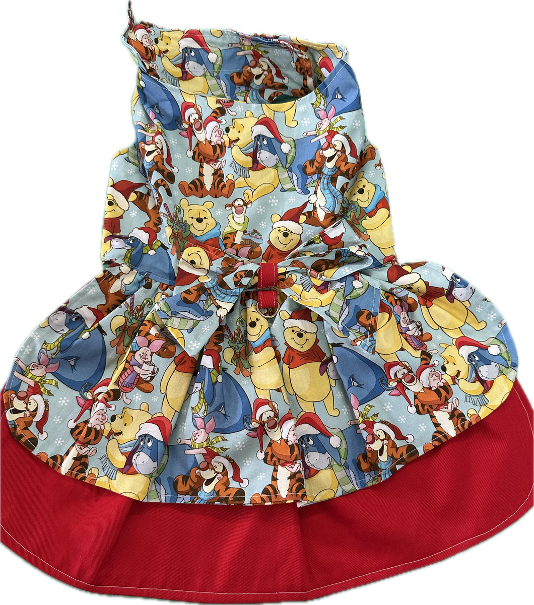 Christmas Dress - Winnie the Pooh with Red Fabric underskirt and White Rik Rac