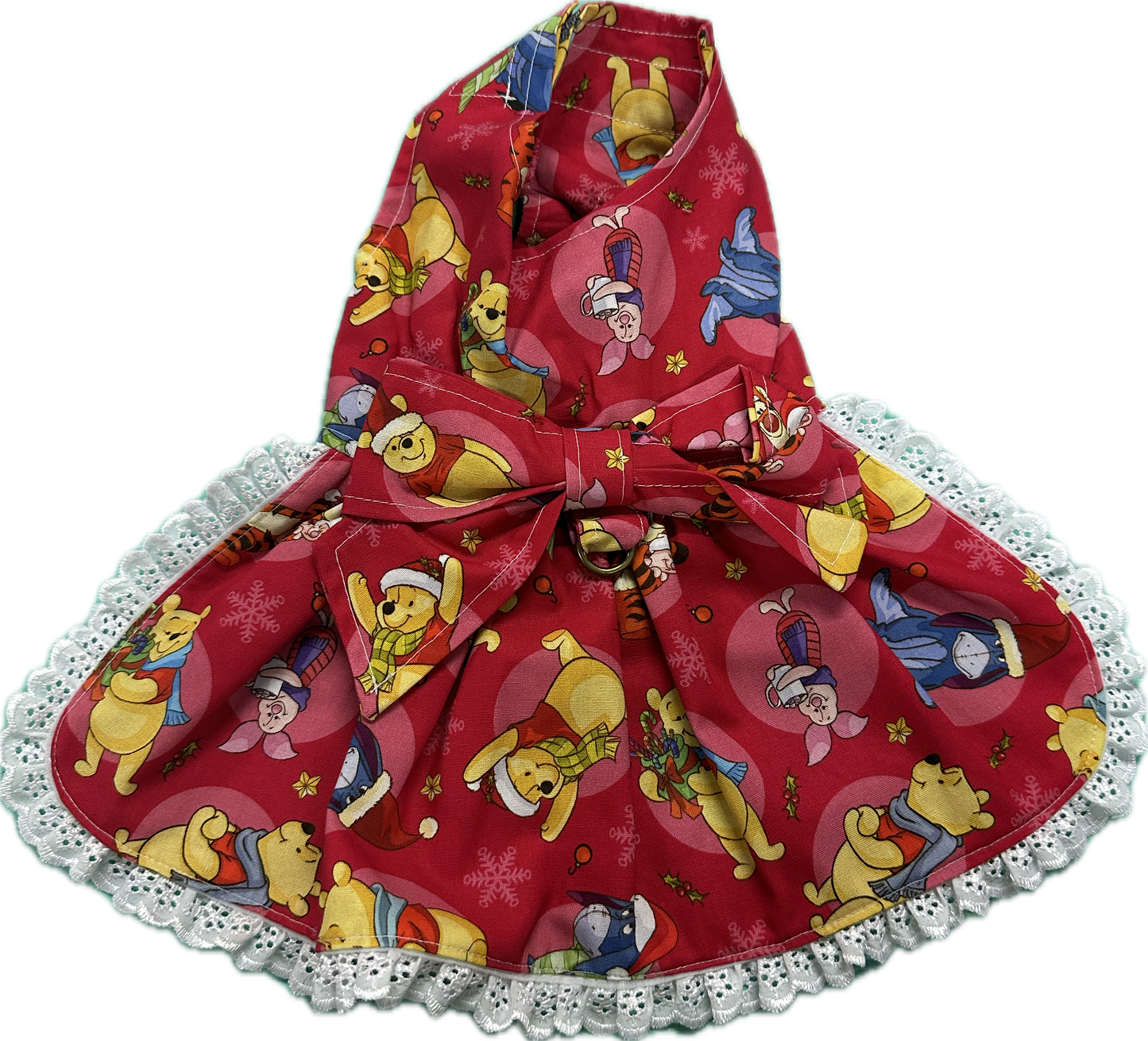 Christmas Dress -  Pooh Bear Christmas on Red with Broderie Trim