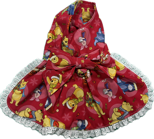 Christmas Dress -  Pooh Bear Christmas on Red with Broderie Trim