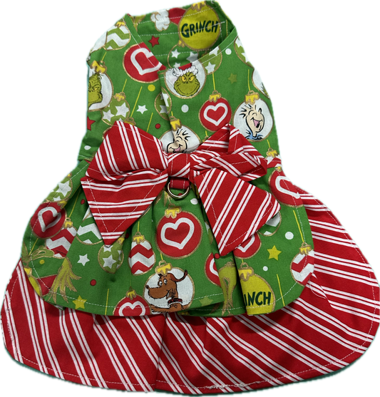 Christmas Dress - Grinch  Green with Red and White stripe underskirt