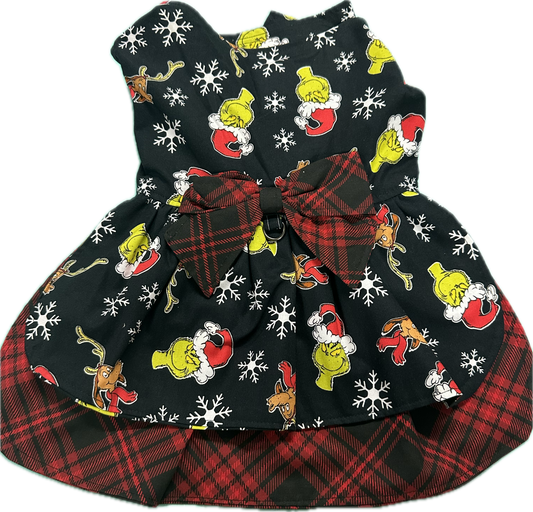Christmas Dress - Grinch  with Red and Black Tartan underskirt