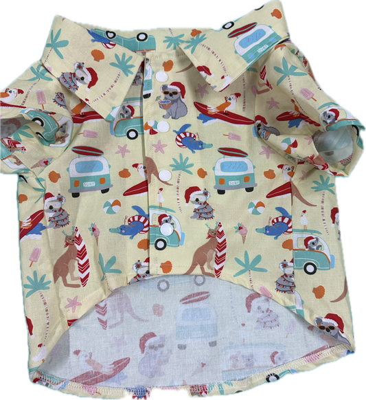 Christmas Collared Shirt - Aussie Animals Living the Van Lilfe  (Yellow Background)