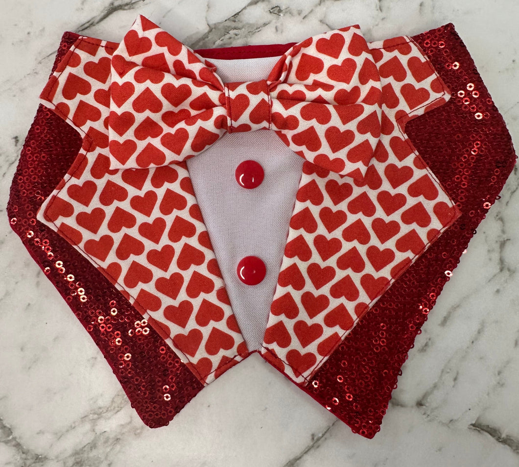 Tuxedo Bandana - Red and White Love Hearts