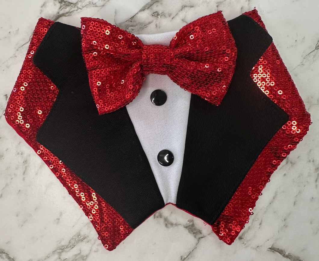 Tuxedo Bandana - Red Sequin Lapels and Bow Tie