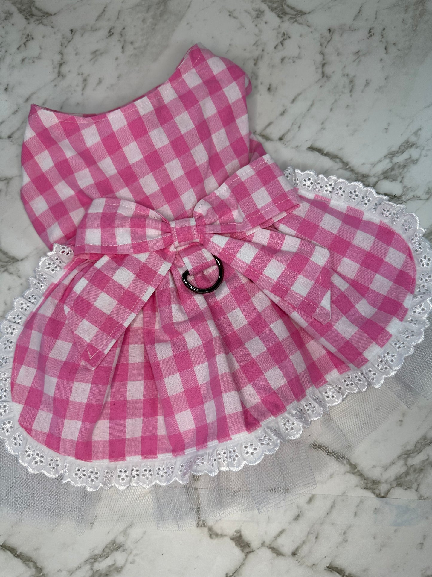 Doggy  Dress - Pink and White  Gingham with Tulle Skirt