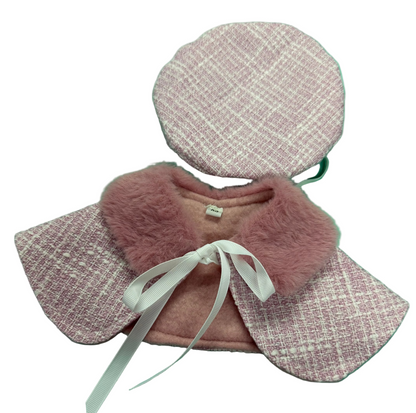 Caplet with Fur Collar  - Pink Jacquard Fabric Chanel Inspired with Matching Beret