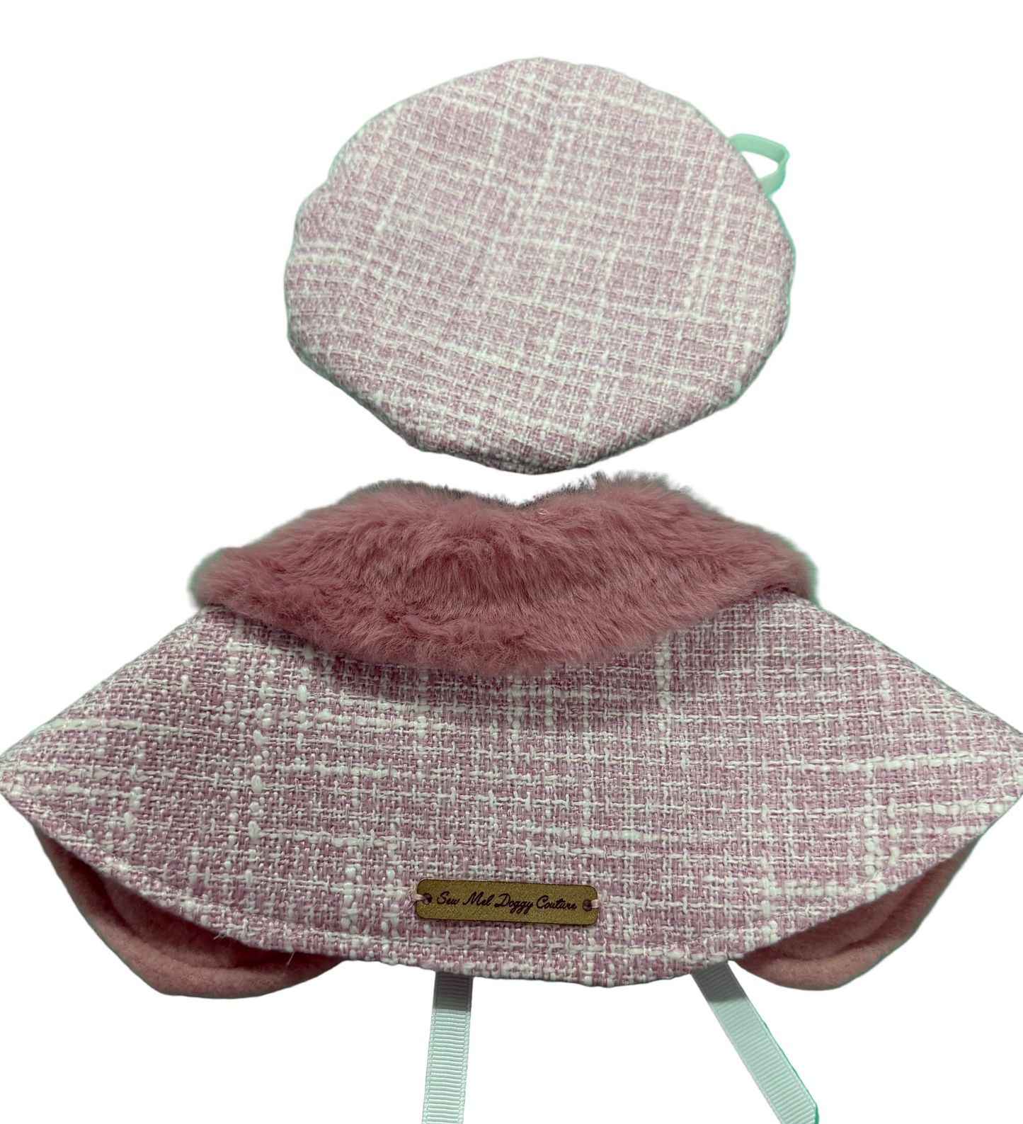 Caplet with Fur Collar  - Pink Jacquard Fabric Chanel Inspired with Matching Beret