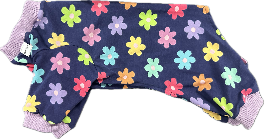 Onesie -Mulit coloured daisies on Navy