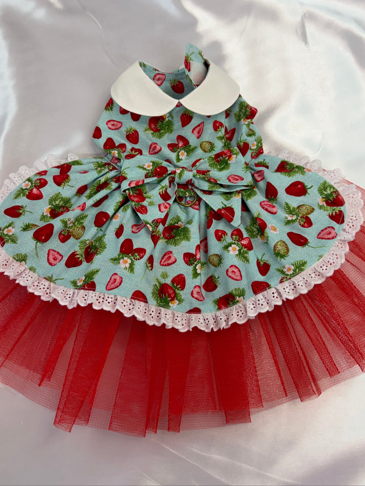 Dress - Strawberries on Blue with Peter Pan Collar red tulle underskirt