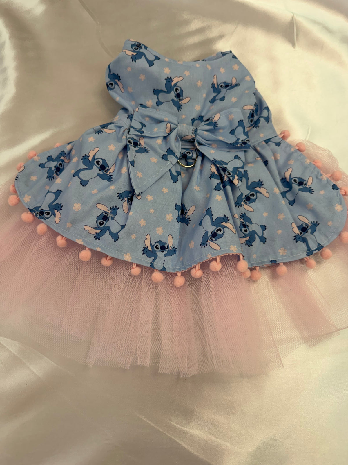 Dress - Blue Aliens with pink pom trim and tulle underskirt