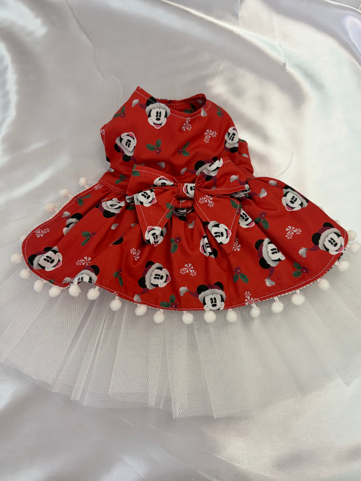 Christmas Dress - Mouse with white pom trim and white tulle underskirt