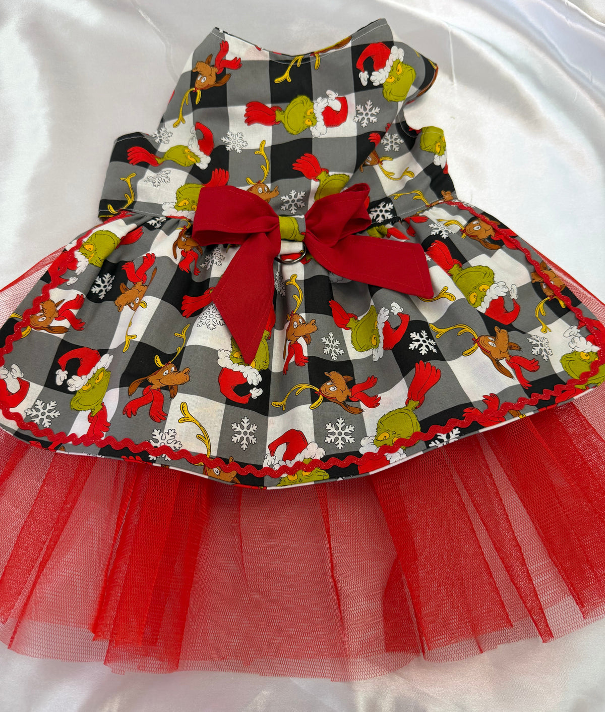 Christmas Dress - Grinch Black and White Check with Red Tulle Underskirt