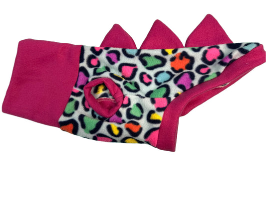 Dinosaur Jumper -Multicoloured Leopard Print with Bubblegum Pink Collar and spikes